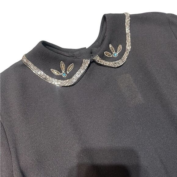 Babs Junior 1940s True Vintage Black Crepe Peplum Dress with Beaded Trimming - Picture 4 of 16